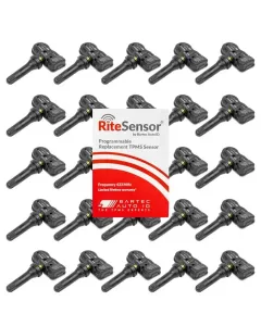 Pack of 25 Bartec Rite-Sensor programmable TPMS sensors with black rubber valve stems and product packaging
